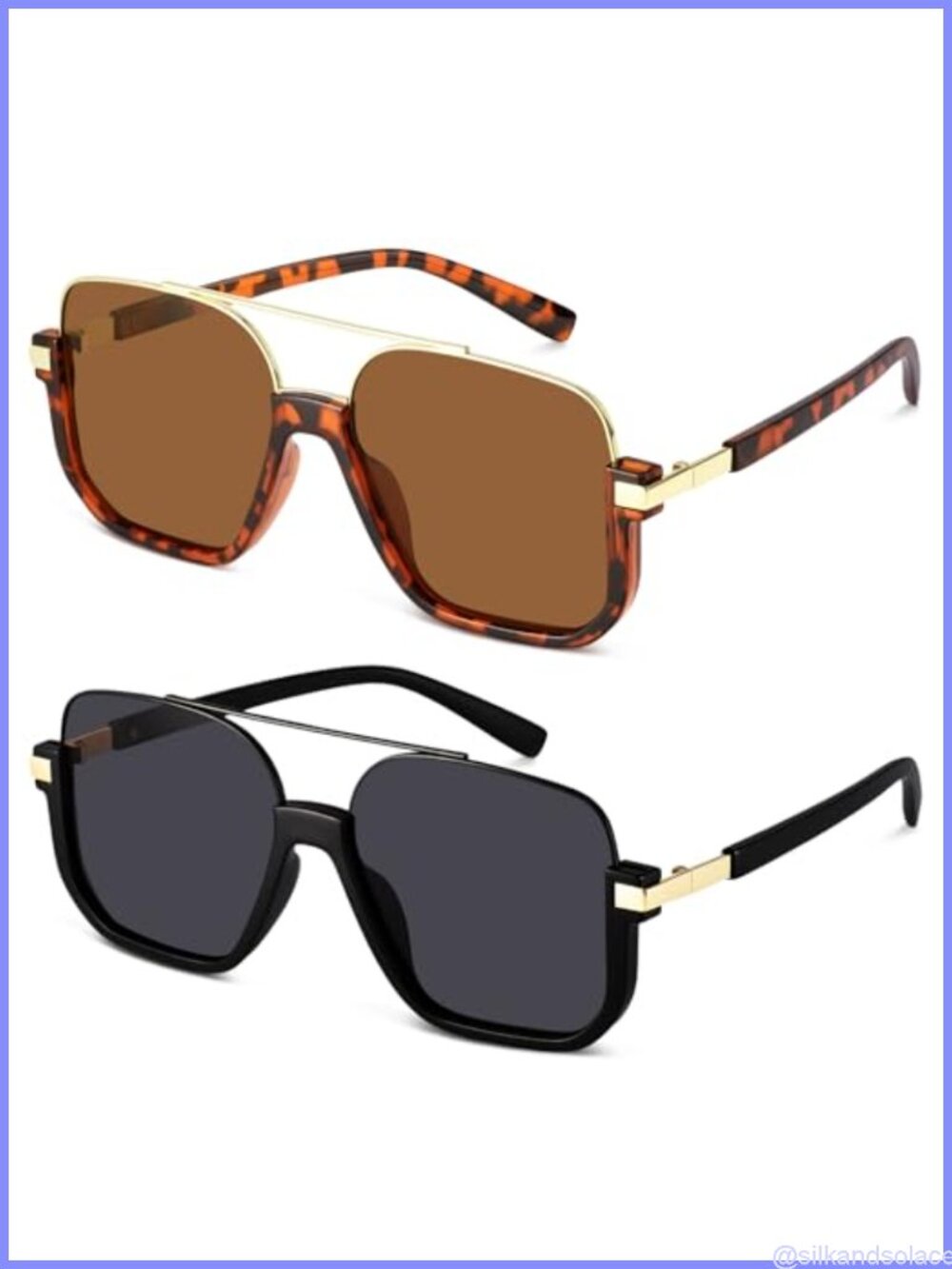 Retro Oversized Aviator Sunglasses Square Frame UV Protection 2 Pair Set